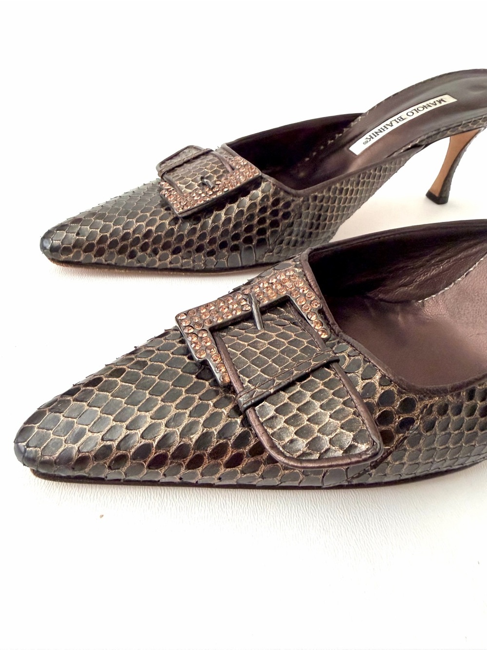 MANOLO BLAHNIK | Vintage Brown Python Snakeskin Crystal Buckle Mule Heels 39.5 - Picture 5 of 13
